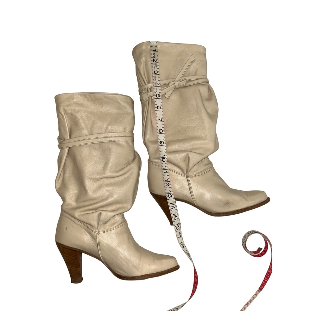 Dingo Vintage Cream Leather Slouch Boots Bow Tie Stacked Heel Pointed Toe Size 9 - Picture 8 of 12